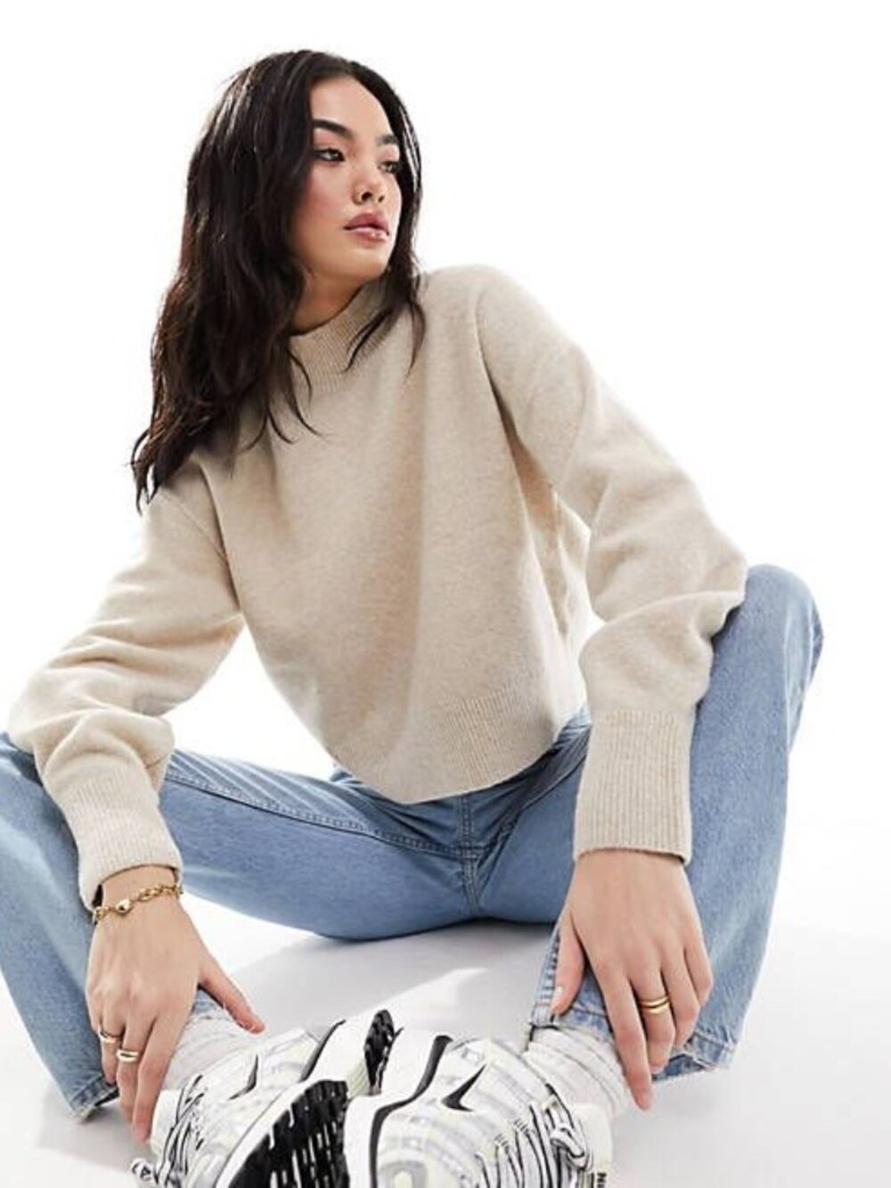 Women's Cotton Mock Neck Sweater sz S-M - Beige